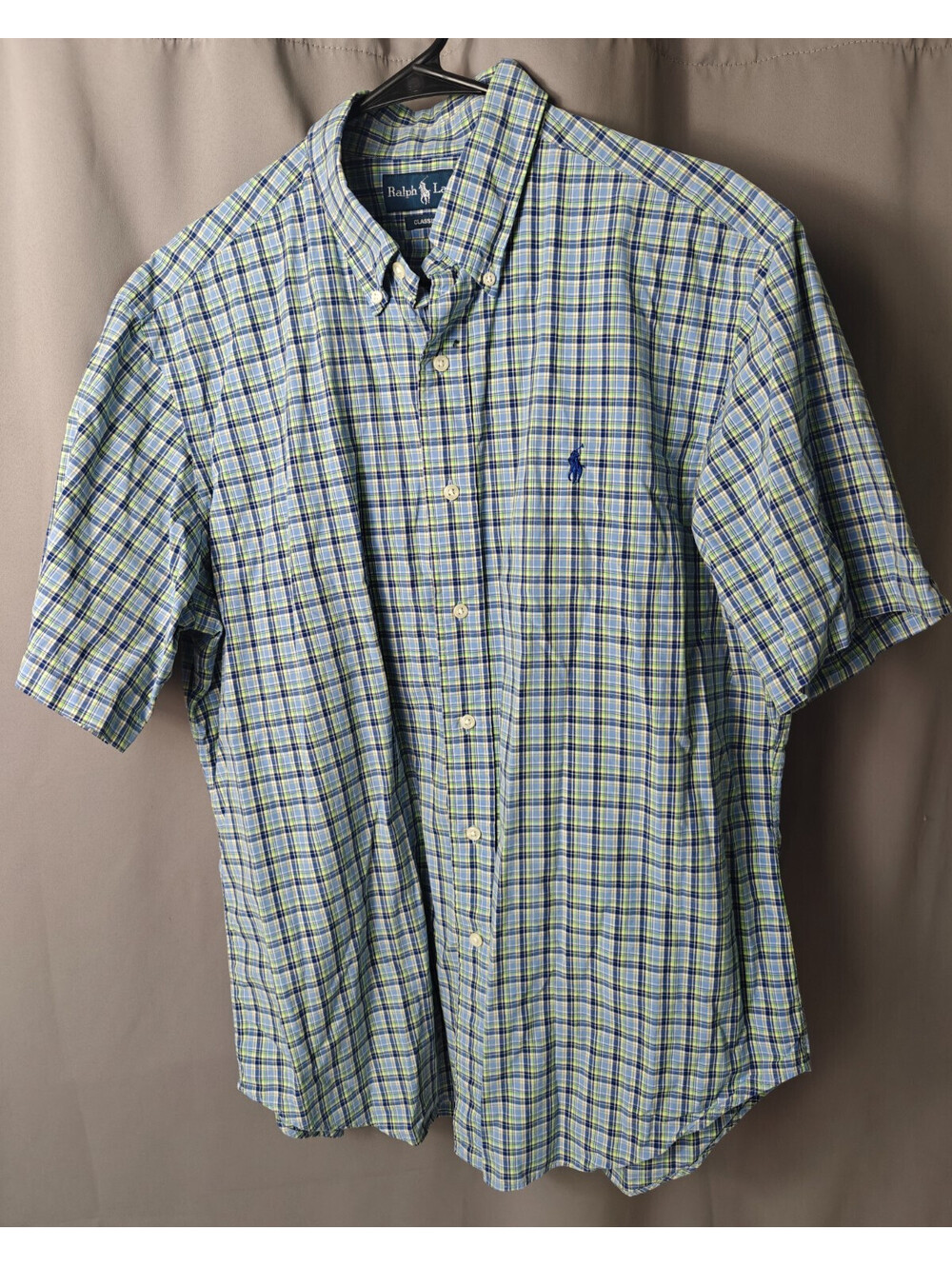Polo Ralph Lauren Men's L Classic Fit Plaid Short Sleeve Button Down Shirt Blue